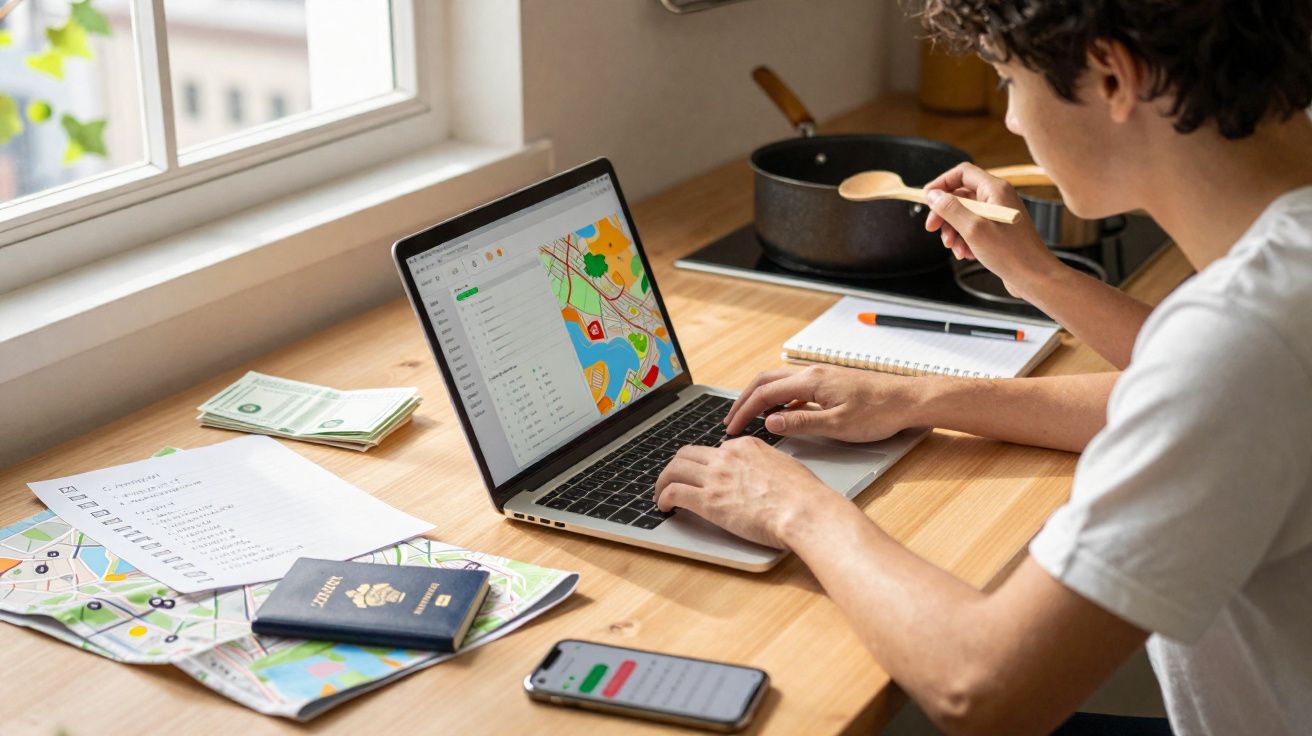 Pessoa a planear uma viagem no portátil com mapas, passaporte, dinheiro e telemóvel sobre a mesa.
