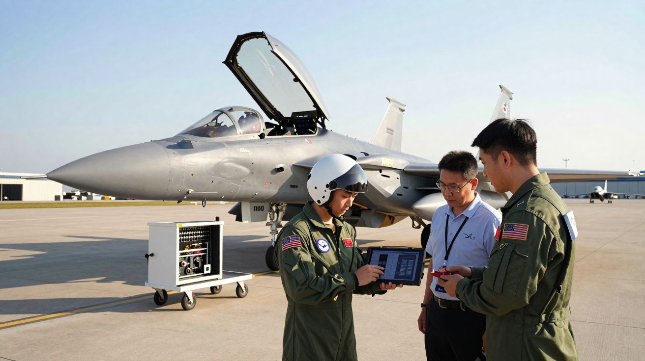 Dois pilotos em uniforme militar e um civil analisam dados em frente a um caça estacionado numa pista de aeroporto.