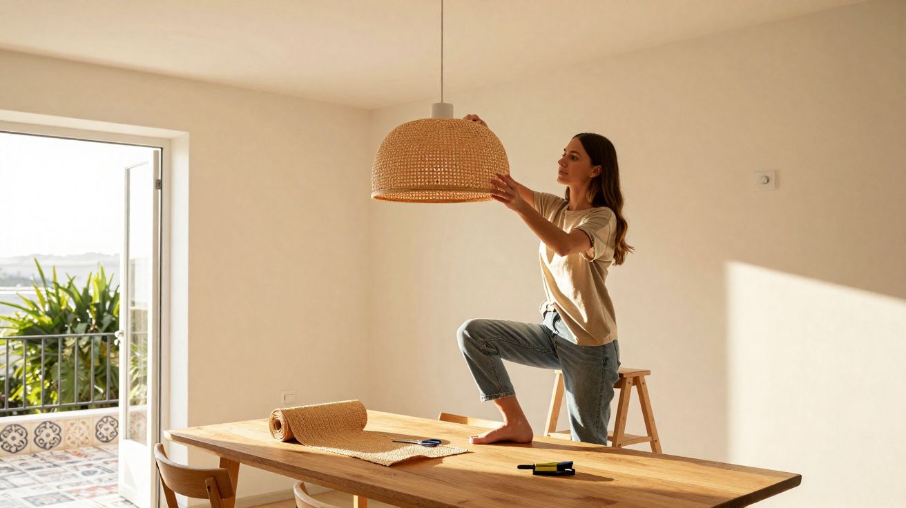 Mulher ajusta candeeiro de palha numa sala iluminada com mesa de madeira e janela aberta para varanda.