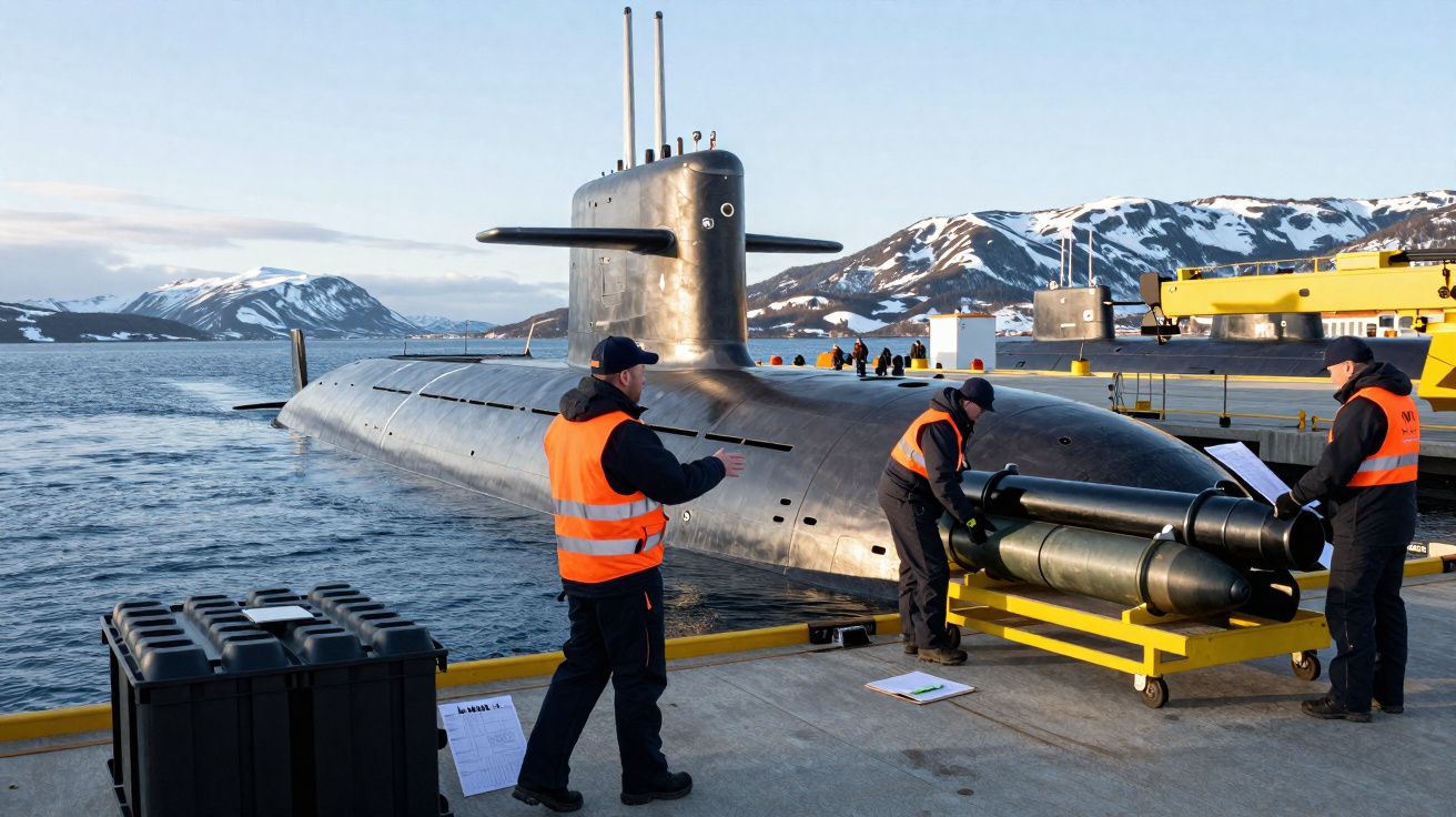 Submarino atracado com militares a preparar torpedos e montanhas com neve ao fundo.