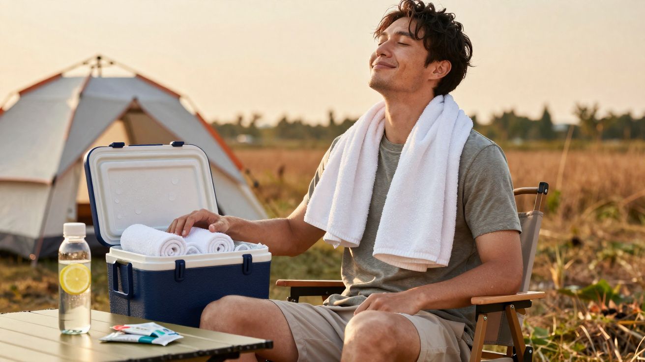 Homem sentado numa cadeira de campismo com toalha ao pescoço, relaxa junto a um frigorífico portátil e tenda ao pôr do sol.