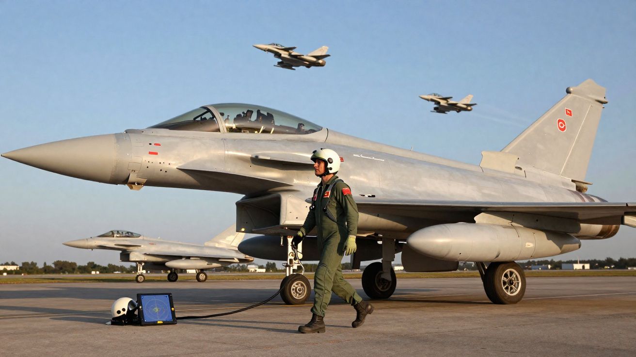 Caça militar estacionado com piloto e três aviões a voar em céu limpo ao fundo.