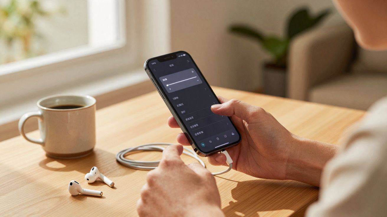 Pessoa a ajustar brilho do ecrã de smartphone numa mesa com auscultadores e uma chávena de café.