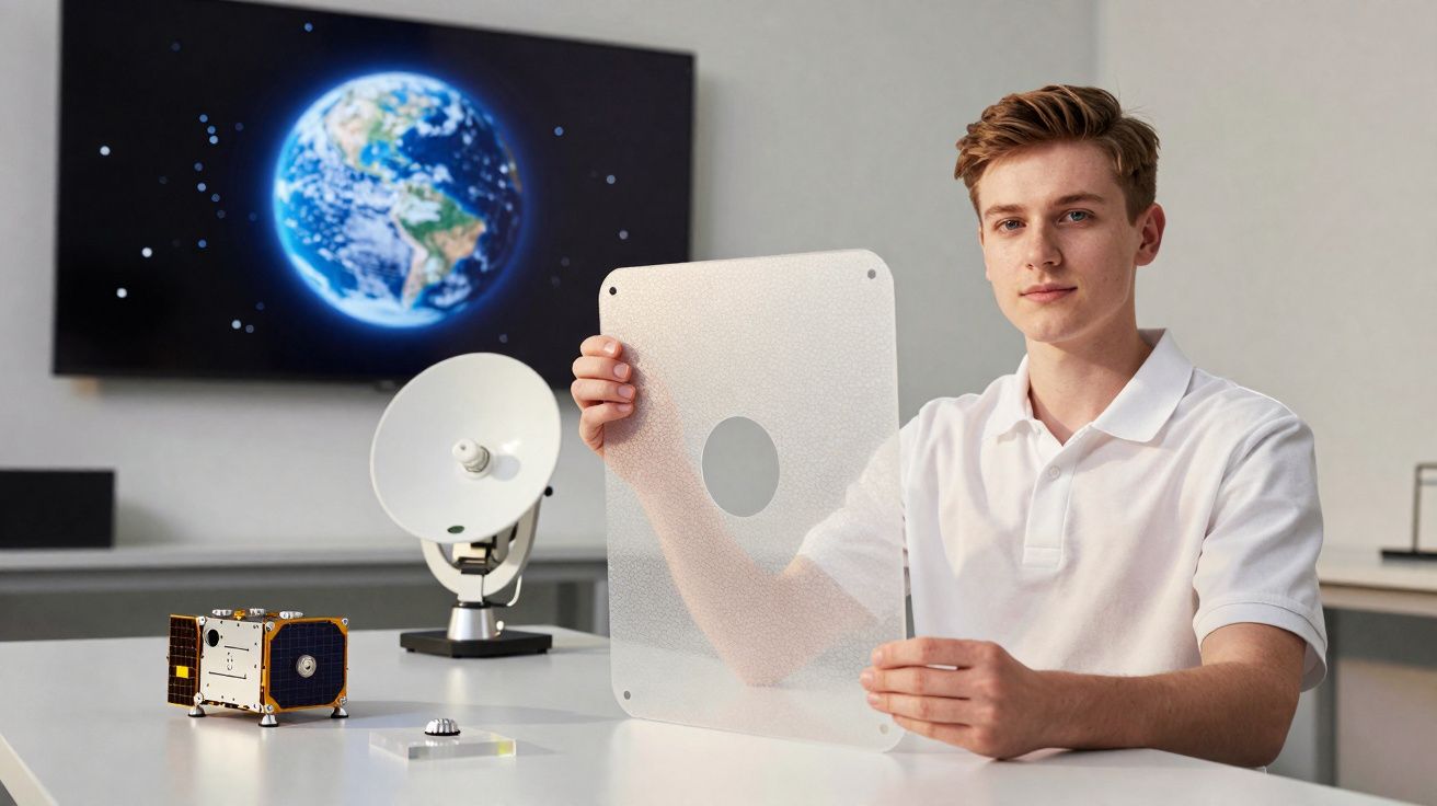 Jovem a segurar uma placa transparente, com modelos espaciais e imagem da Terra em ecrã ao fundo.