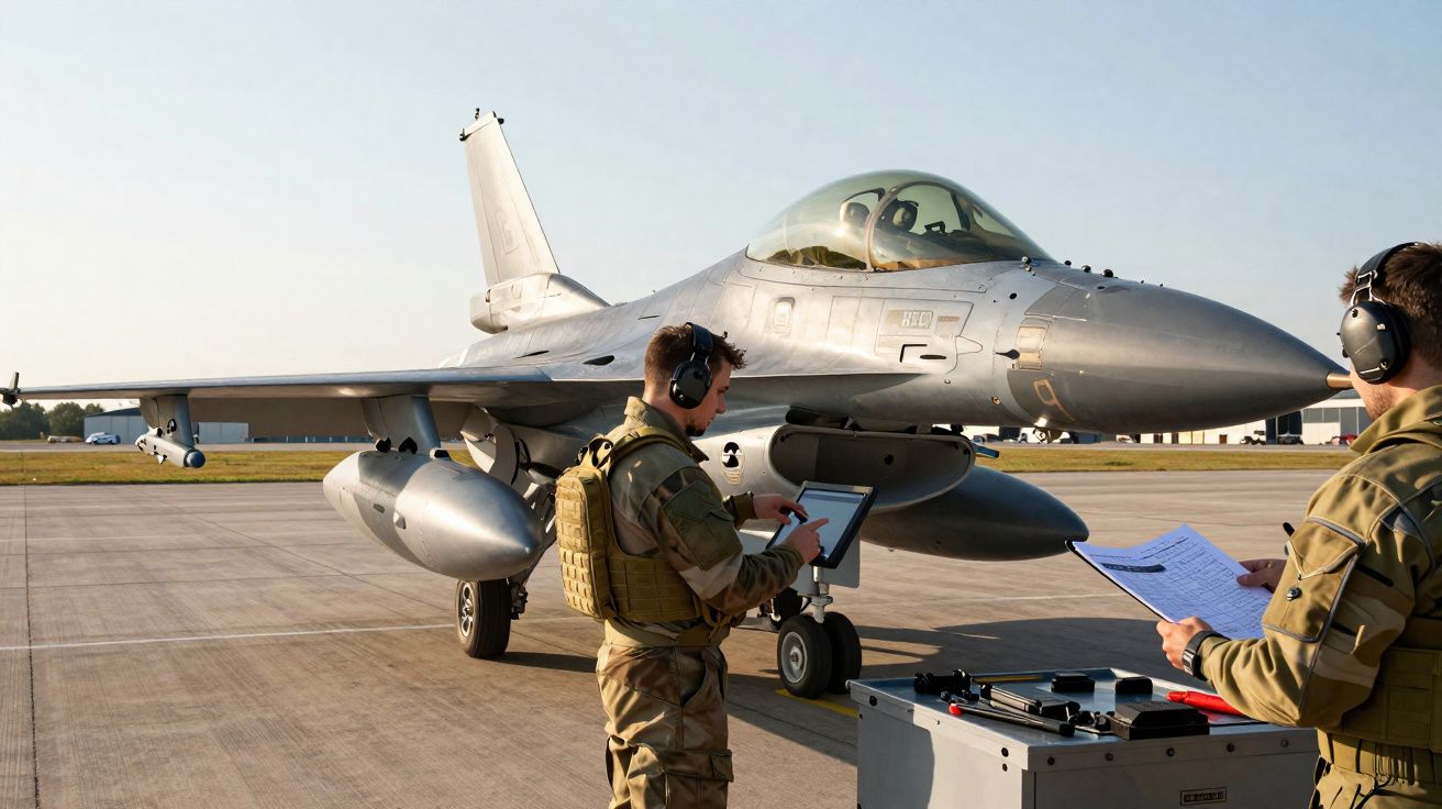 Caça militar estacionado numa pista com dois militares a operar comandos e verificar documentos.