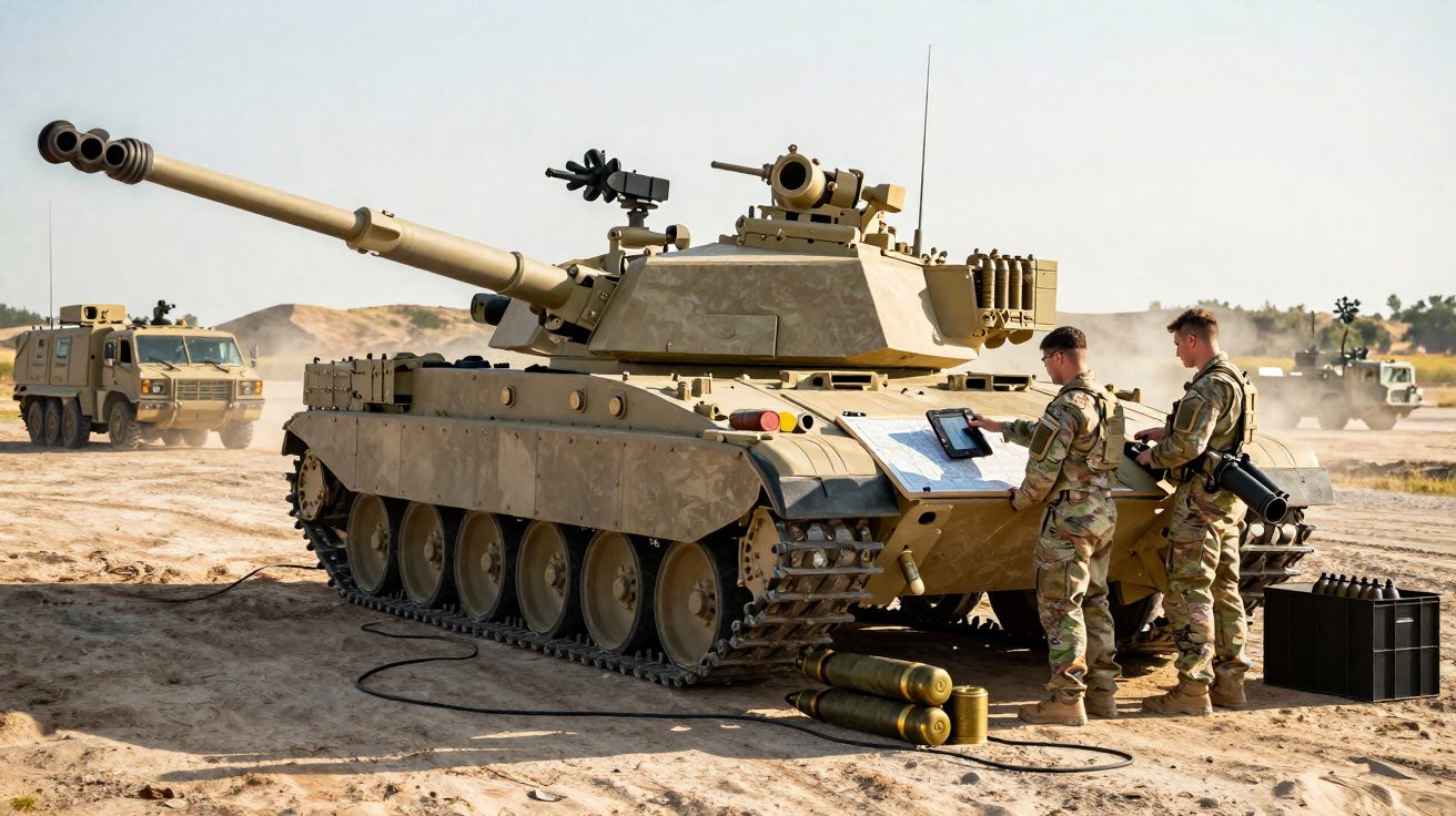 Tanque de guerra e dois soldados em uniforme a operarem equipamentos num terreno arenoso durante o dia.