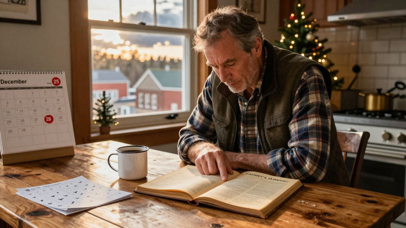 Homem mais velho a ler livro numa mesa de madeira com caneca e calendário marcado no dia 25 de dezembro.