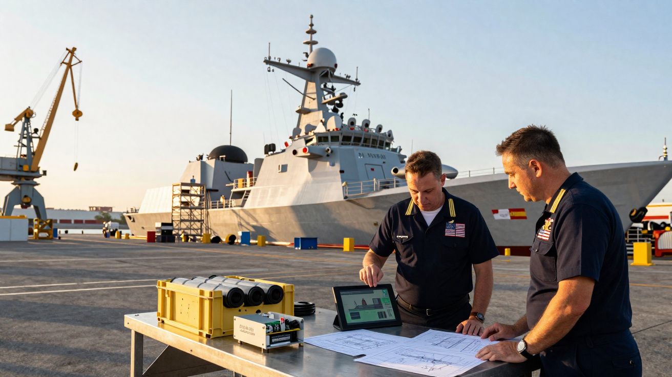 Dois homens em uniforme naval analisam planos e equipamento numa doca com navio militar ao fundo.