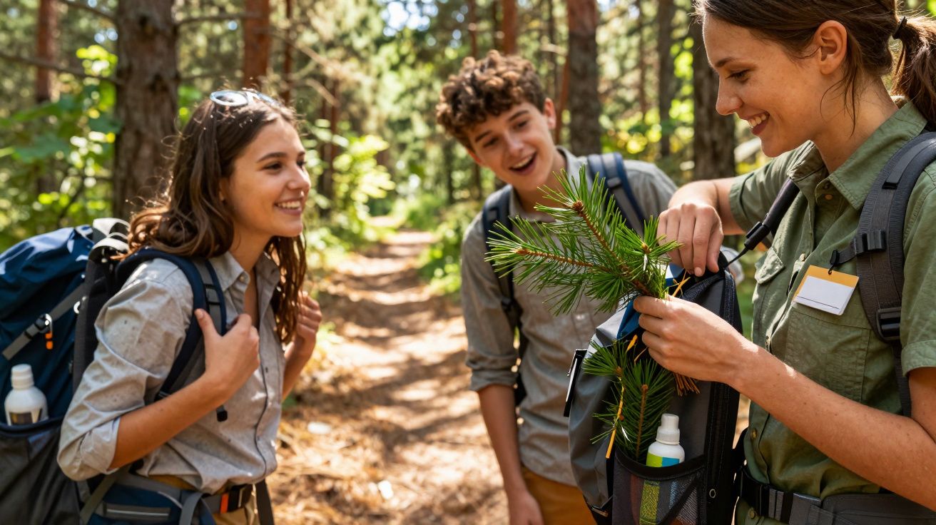 Três jovens com mochilas numa floresta, observando um ramo de árvore com interesse e sorriso.