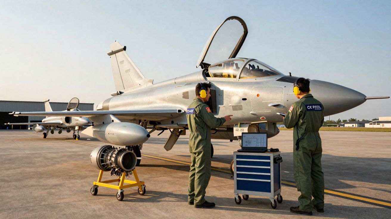 Dois técnicos em fato verde e auriculares de proteção junto a caça militar prateado estacionado num aeroporto.