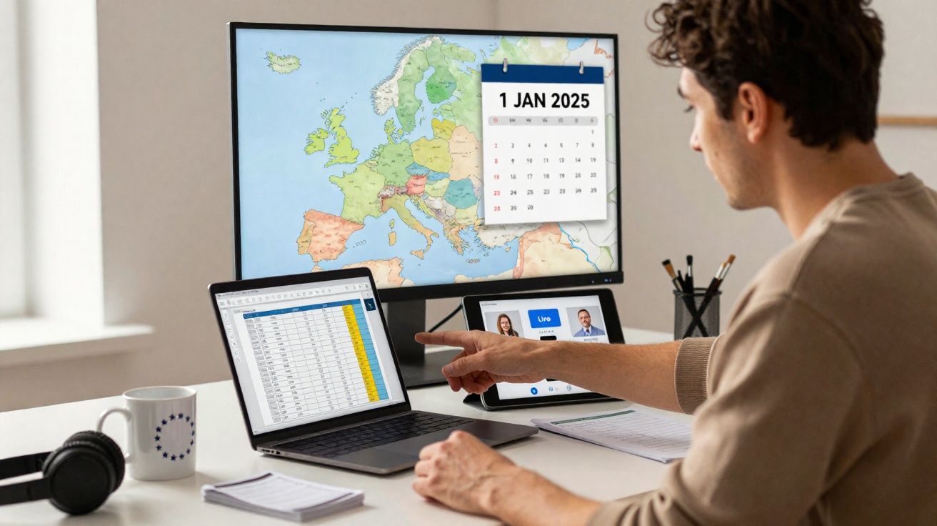 Homem a trabalhar num escritório com mapa da Europa e calendário digital a 1 de janeiro de 2025.
