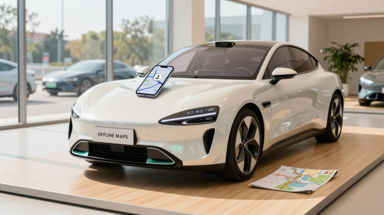 Carro elétrico branco exposto em showroom com um smartphone e mapa ao lado, mostrando aplicação de mapas offline.