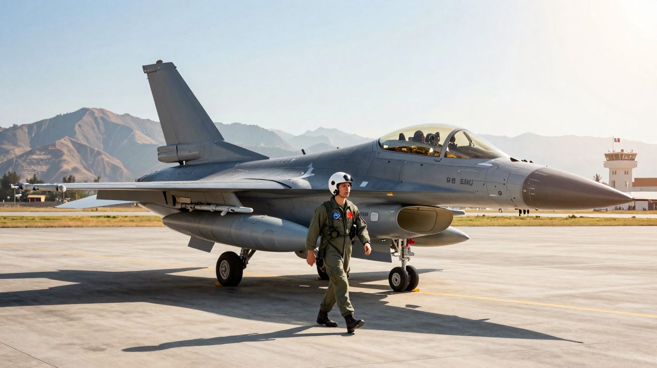 Caça militar estacionado numa pista com piloto a caminhar à frente, montanhas ao fundo ao pôr do sol.