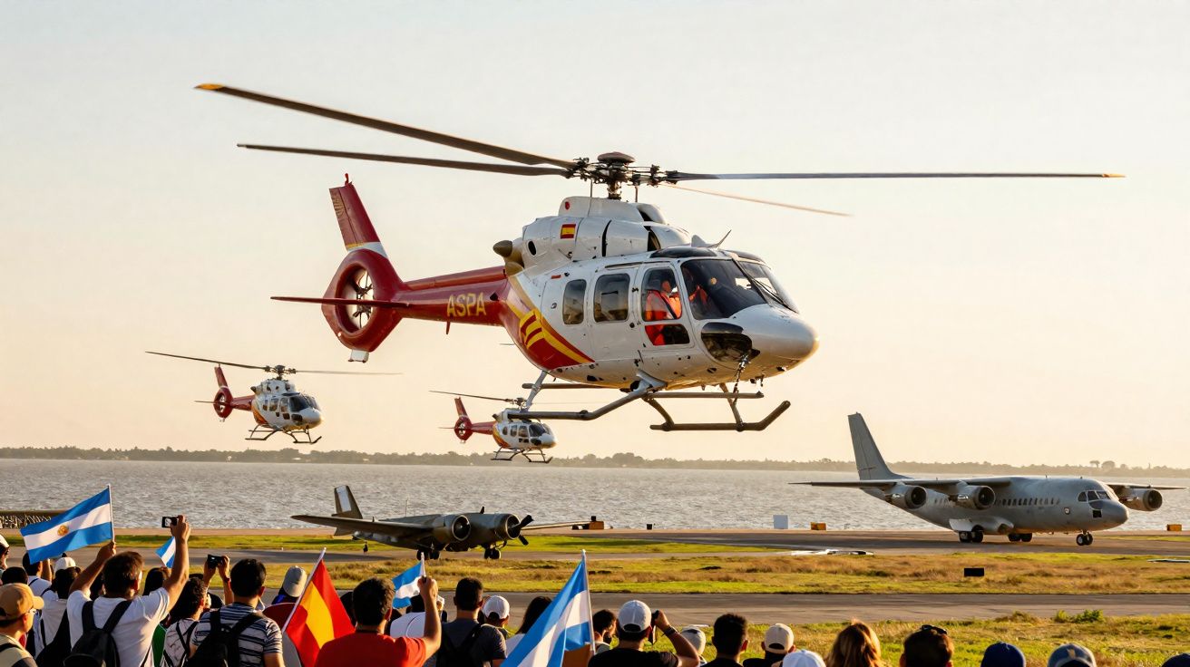 Helicópteros brancos e vermelhos em voo sobre público com bandeiras na margem de rio ao pôr do sol.