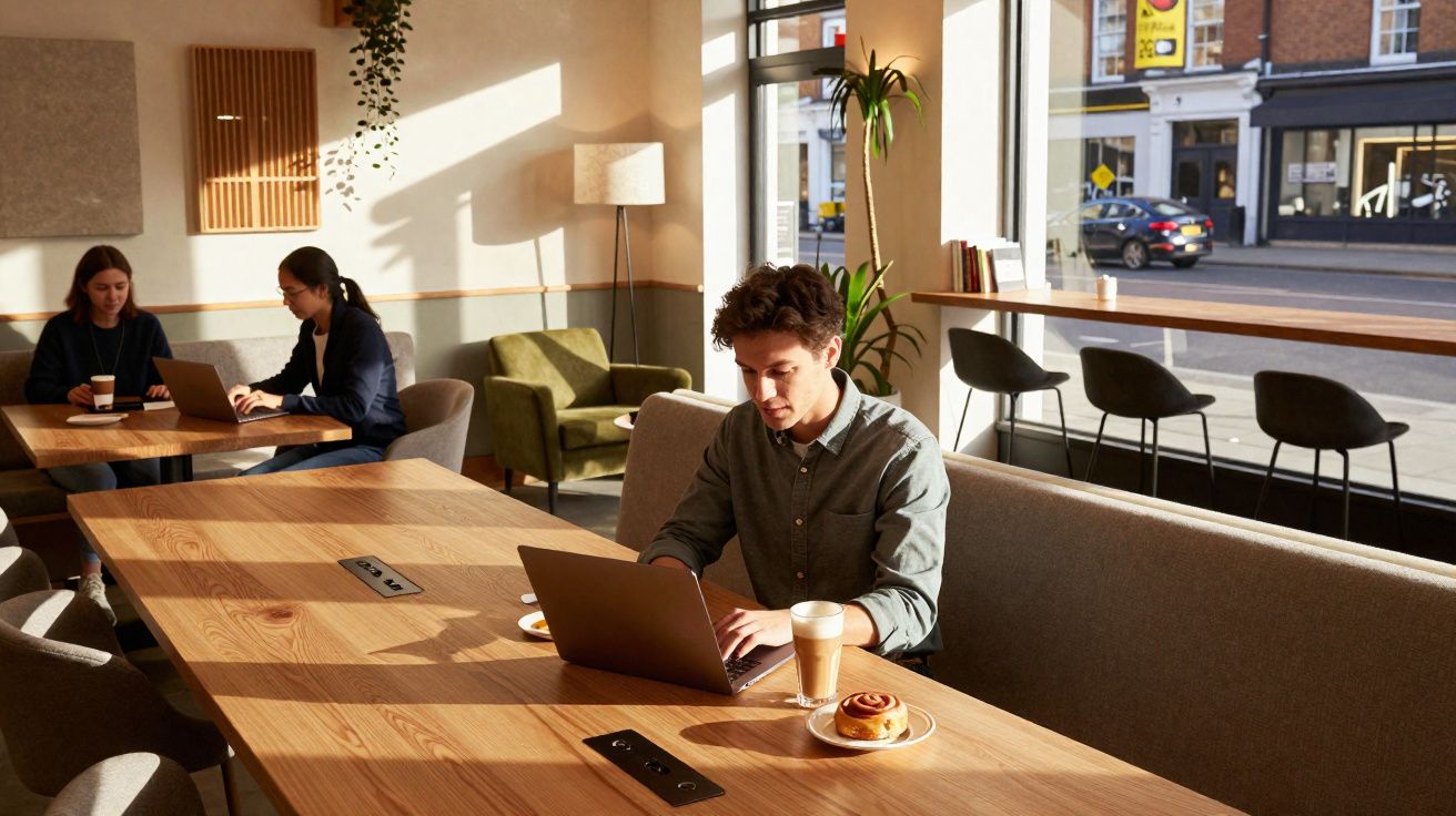 Homem a trabalhar num computador portátil numa cafeteria iluminada, com café e pastelaria na mesa.