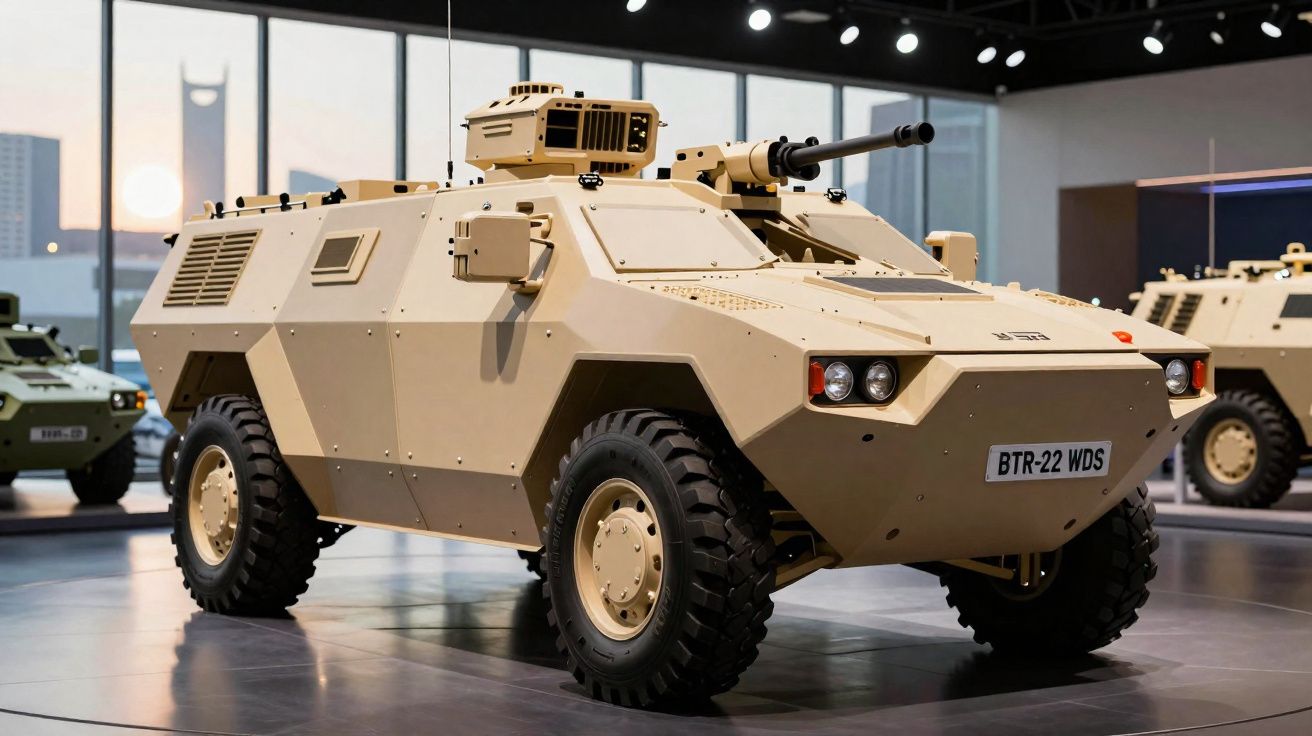 Veículo blindado militar de cor bege em exposição com armamento no teto e grandes pneus.