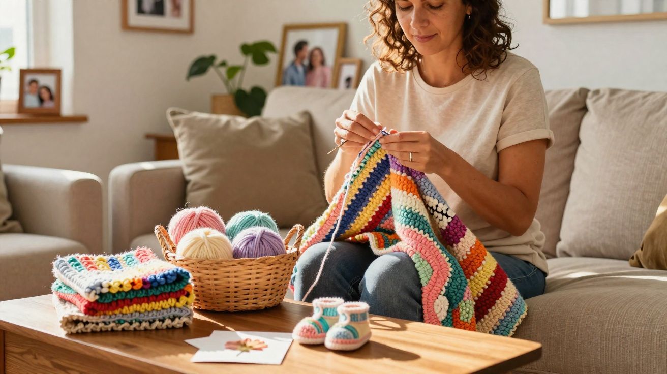 Mulher sentada a tricotar uma manta colorida, com novelos de lã e peças de tricô numa mesa de madeira.
