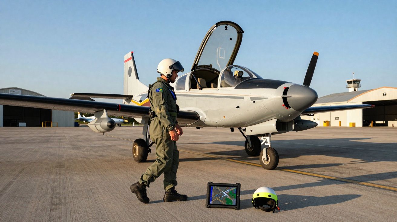 Piloto militar com fato e capacete junto a avião de treino estacionado numa pista de aeroporto.