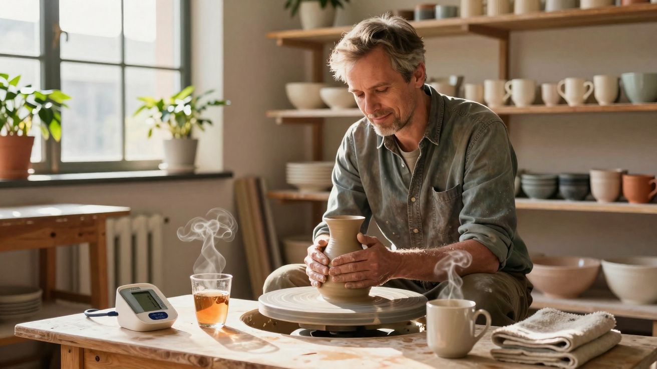 Homem a moldar cerâmica numa roda de oleiro numa oficina com chá quente numa mesa próxima.