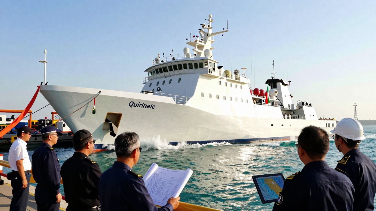 Marinha observa o navio Quirinale aproximar-se do cais num dia ensolarado.