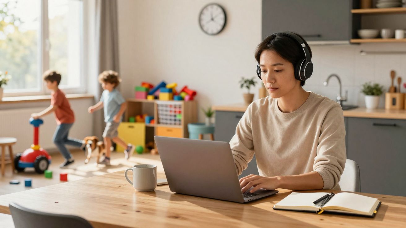 Mulher com auscultadores a trabalhar num portátil numa cozinha aberta enquanto duas crianças brincam ao fundo.