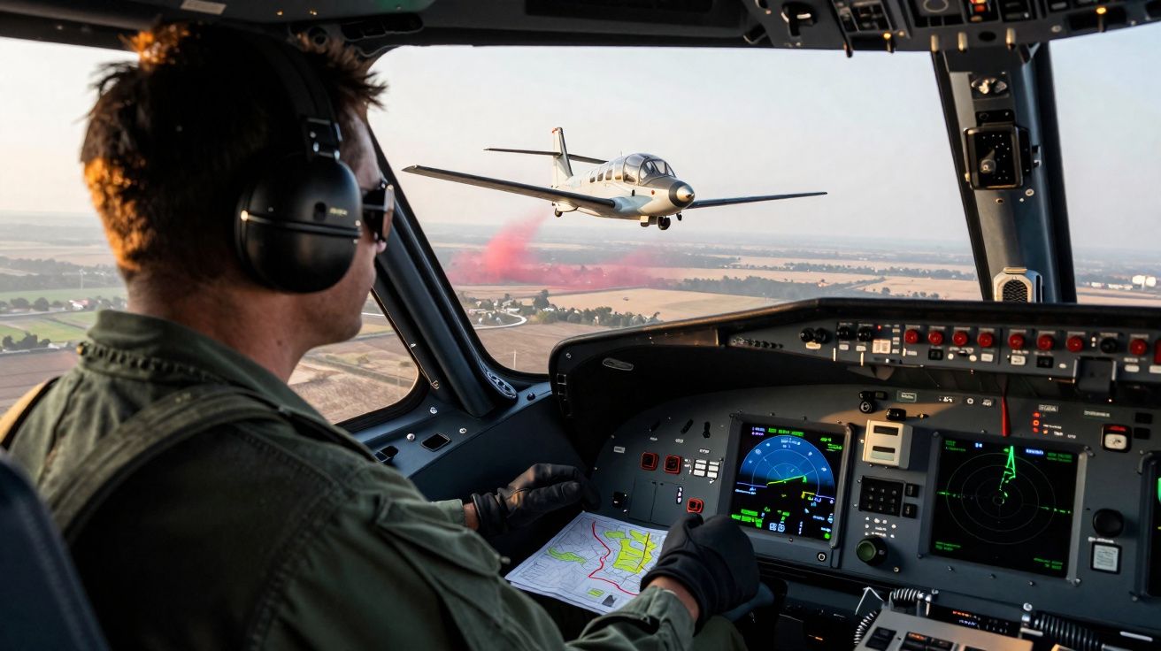 Piloto numa cabine de avião observa outra aeronave a libertar um líquido vermelho sobre campos agrícolas.