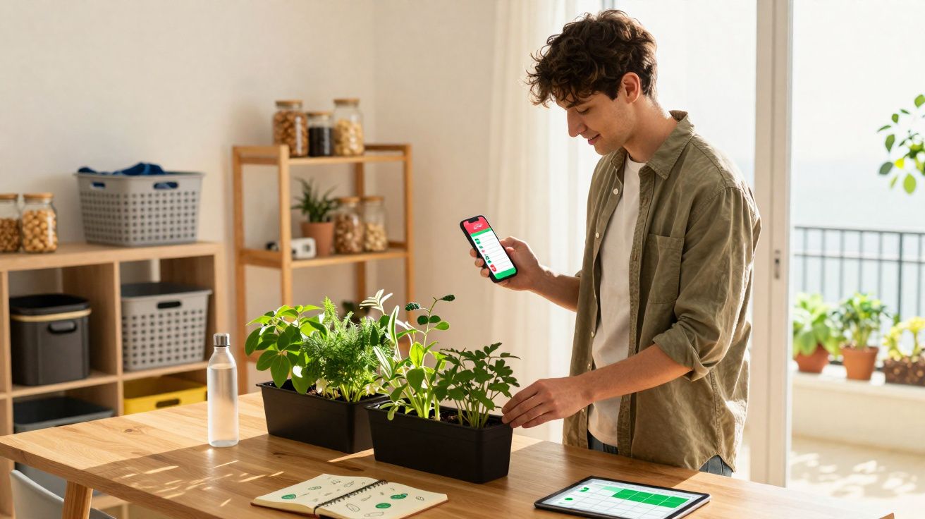 Homem jovem a cuidar de plantas num vaso, consultando aplicação num smartphone, com tablet e caderno numa mesa.