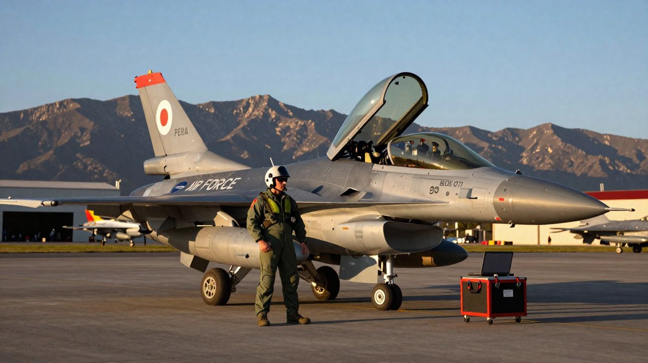 Caça F-16 da força aérea com piloto e técnico numa base aérea com montanhas ao fundo.