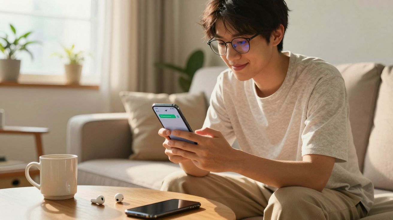 Jovem sentado no sofá a sorrir enquanto usa telemóvel numa sala iluminada e confortável.