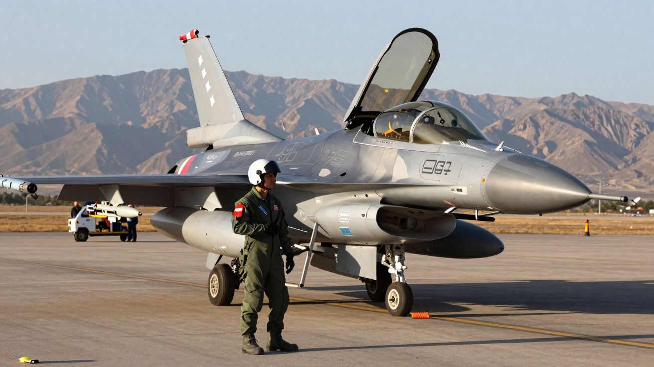 Caça militar cinzento estacionado com piloto de pé junto em pista com montanhas ao fundo.