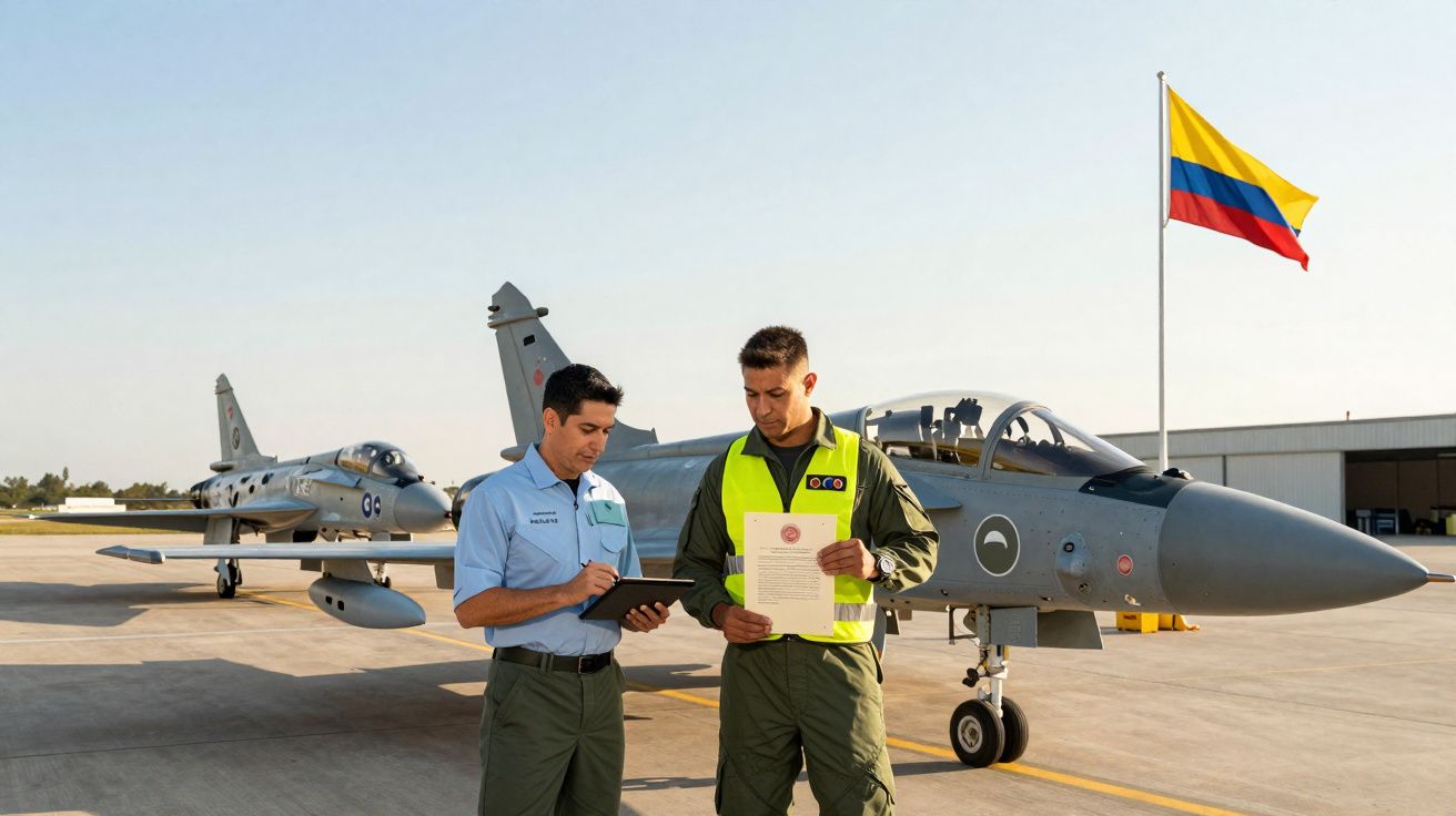Dois militares junto a jatos de combate estacionados numa pista com a bandeira da Colômbia ao fundo.