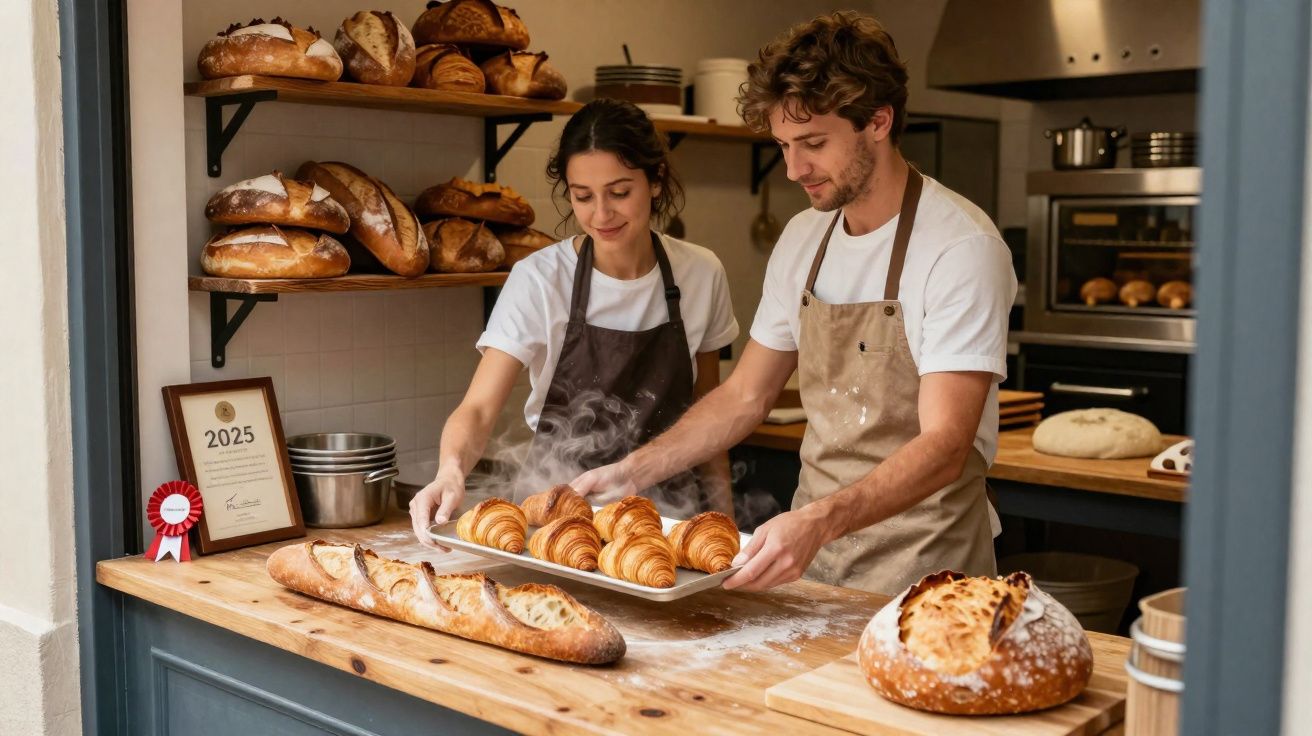 Dois padeiros a retirar croissants fumegantes do forno numa padaria acolhedora cheia de pão fresco.