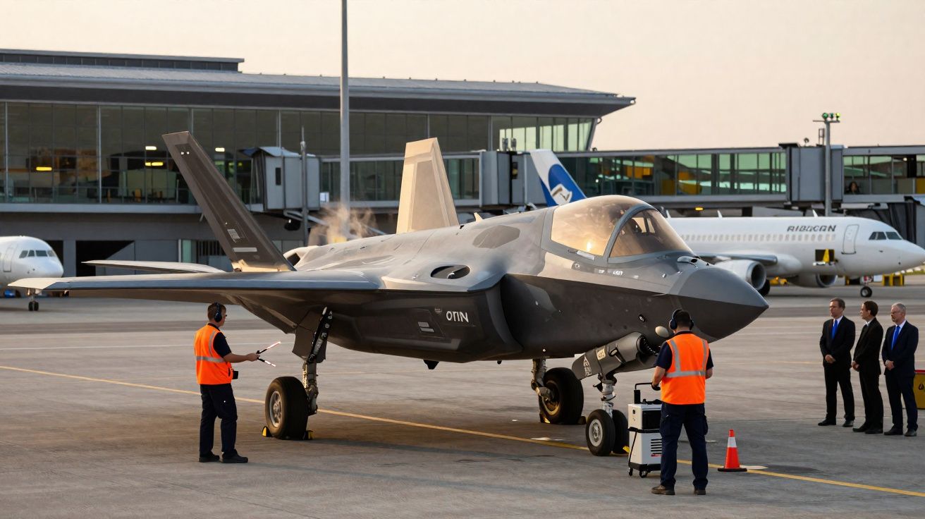 Caça furtivo estacionado em pista de aeroporto com técnicos em coletes laranja e três homens de fato à direita.