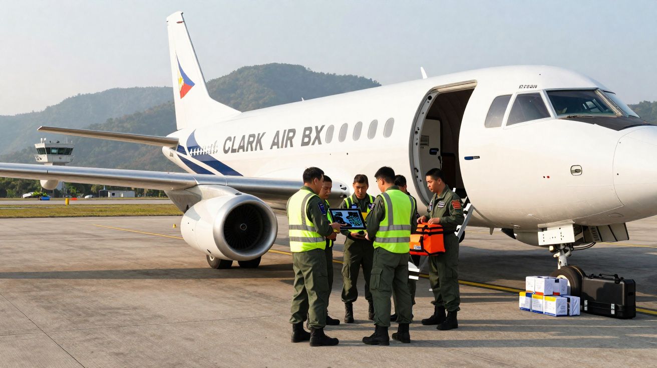 Quatro homens com coletes refletivos reúnem-se junto a um avião de pequeno porte numa pista de aeroporto.