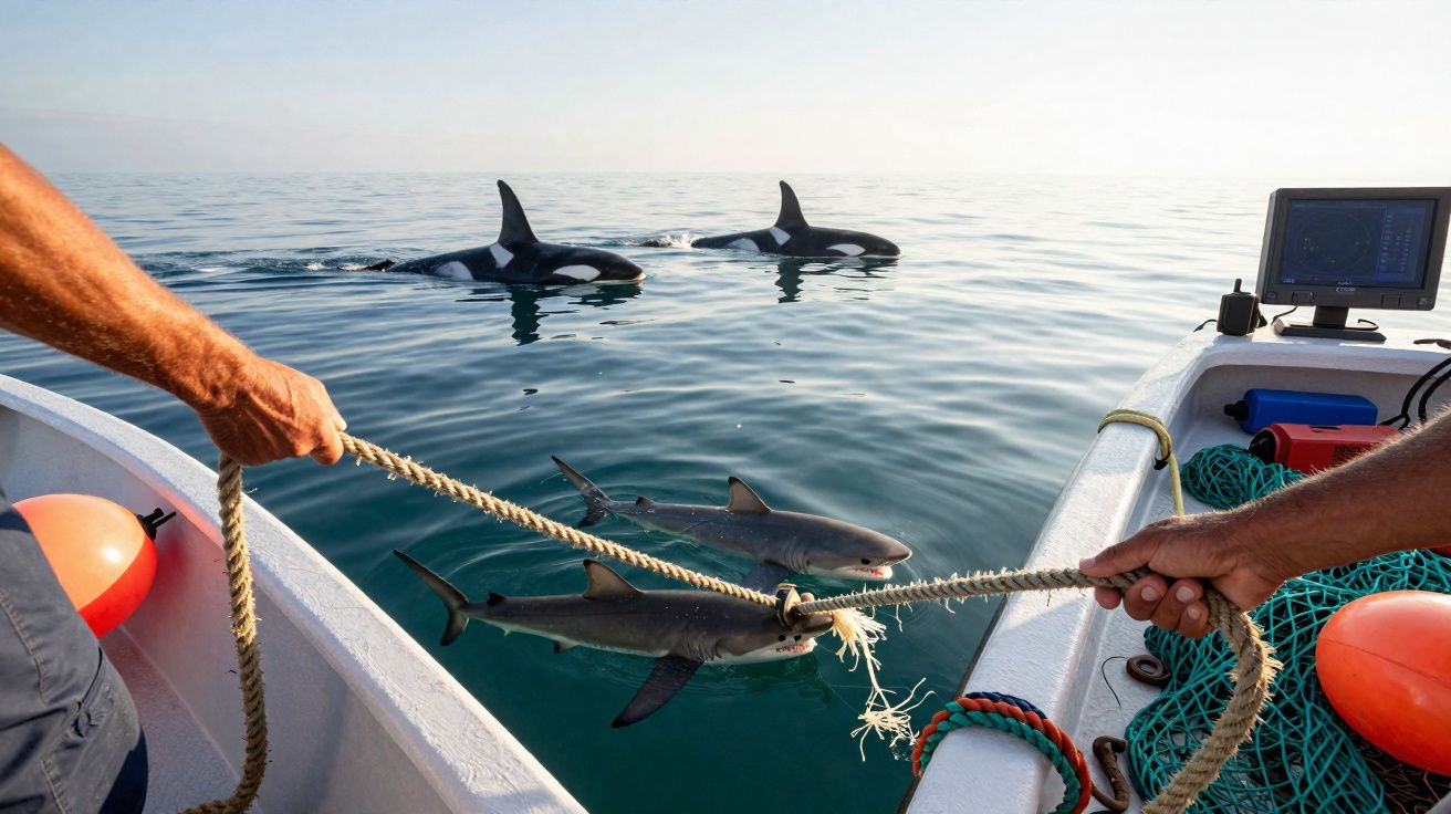 Duas pessoas num barco a puxar uma corda com dois tubarões na água, com orcas a nadar ao fundo.