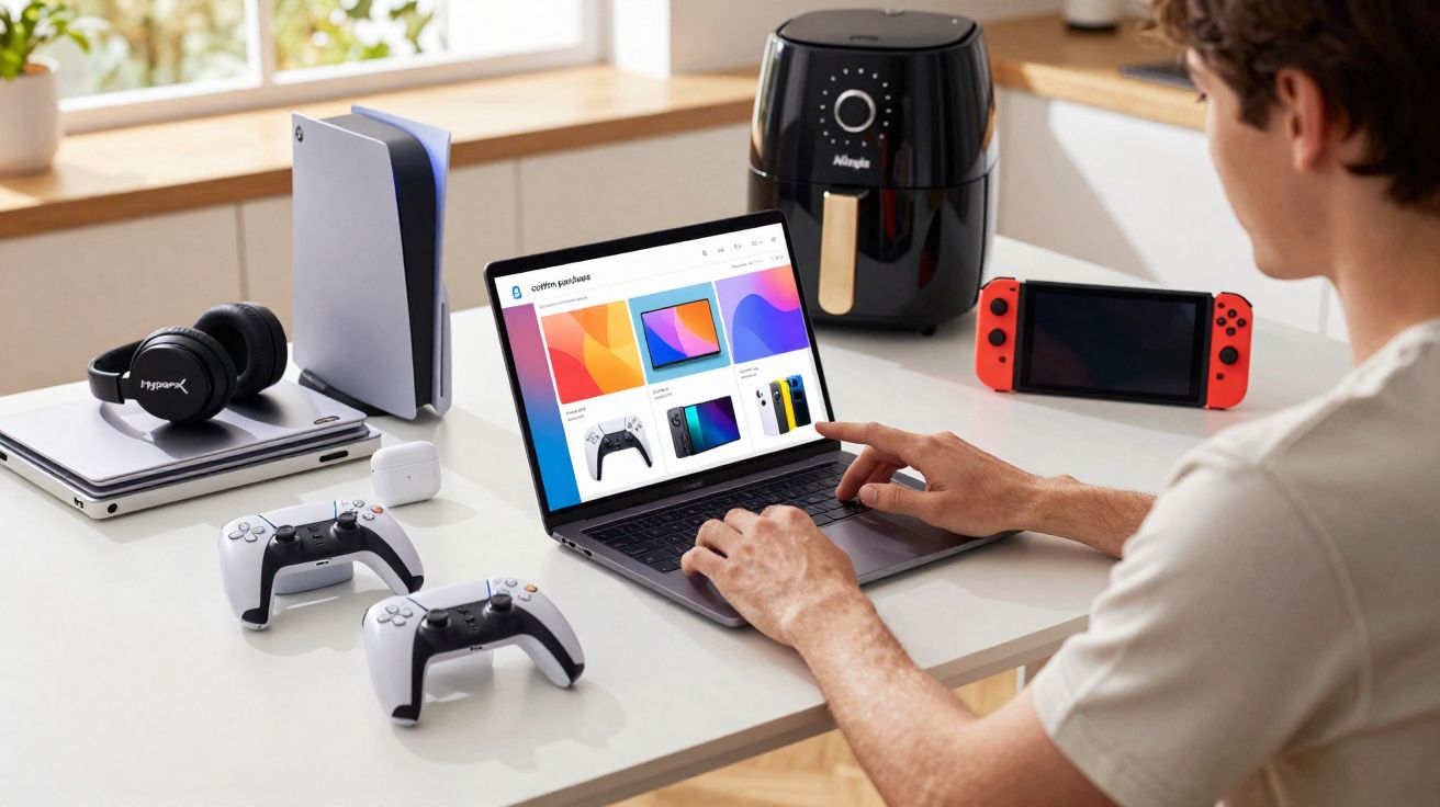 Pessoa a usar portátil numa mesa com consola, comandos, auscultadores, AirPods e fritadeira elétrica.