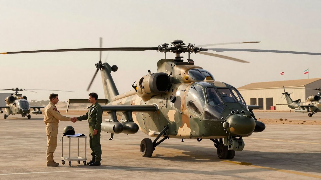 Dois militares a cumprimentar-se à frente de helicópteros militares camuflados estacionados numa base aérea.