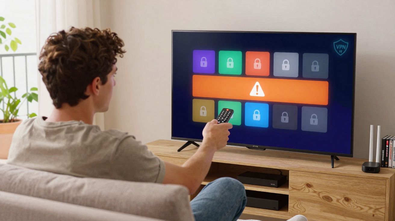 Homem sentado no sofá a usar comando da TV com ecrã a mostrar ícones de cadeados e aviso.