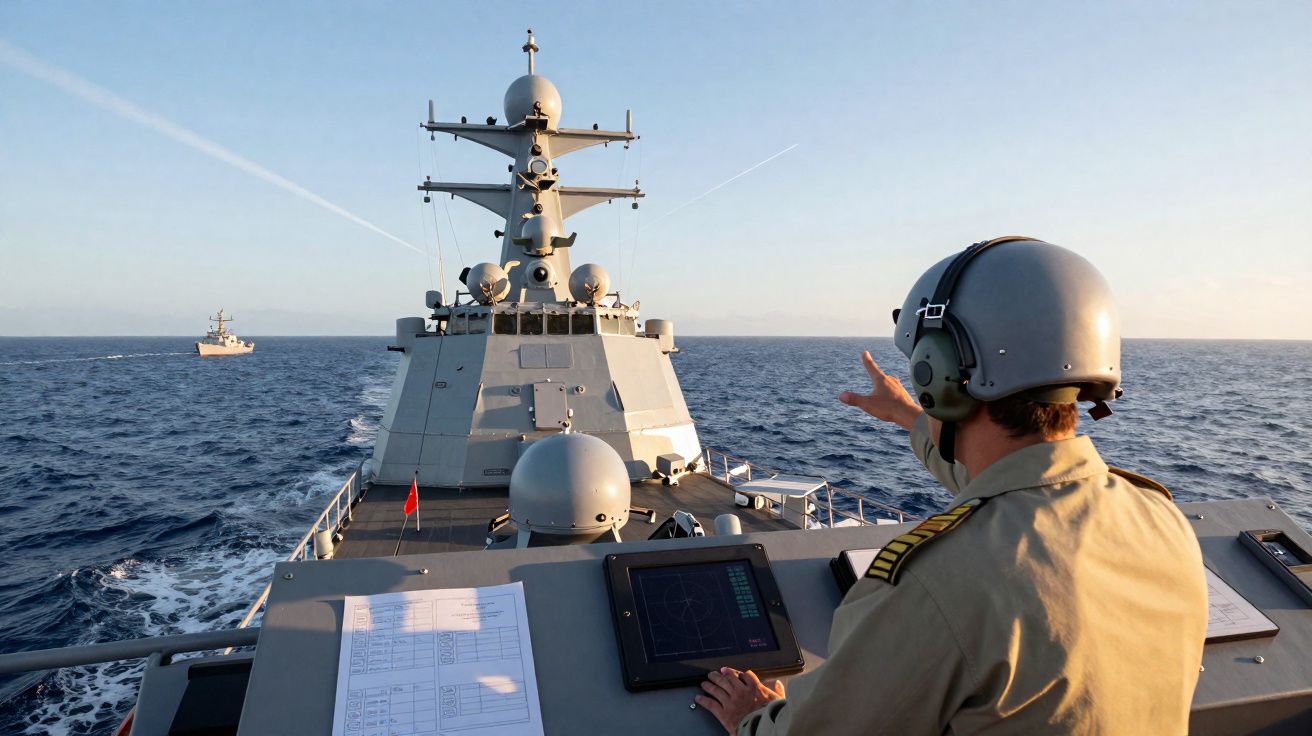 Militar a bordo de fragata observa o mar e comanda navegação durante patrulha no oceano.