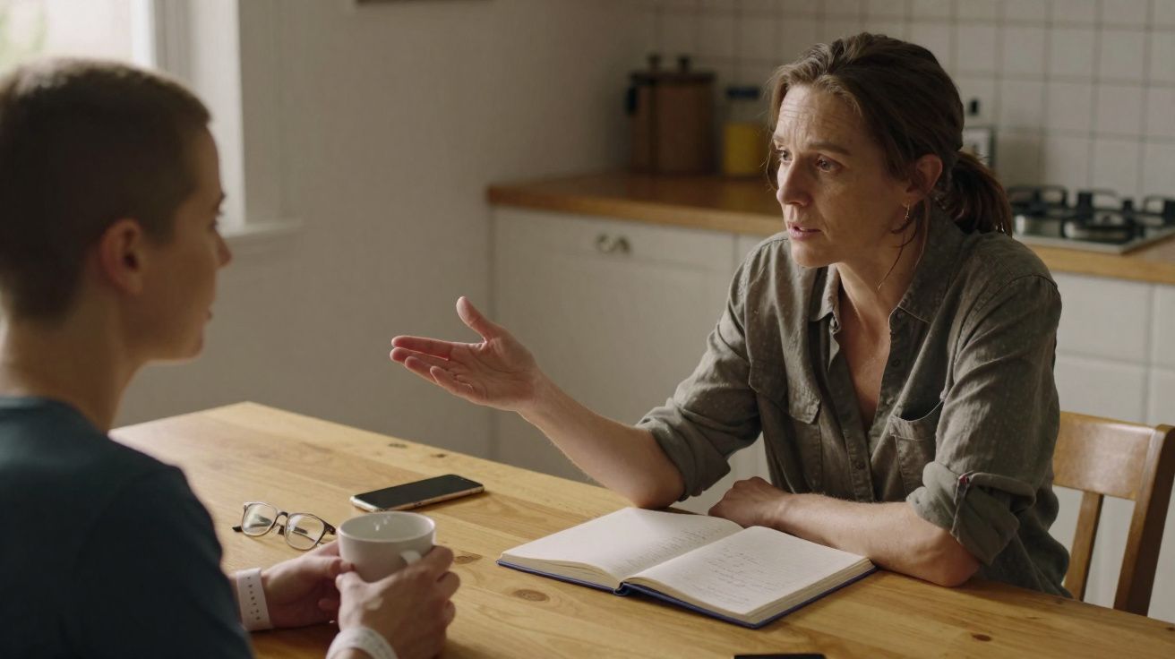 Duas mulheres sentadas à mesa de cozinha, uma a falar e outra a ouvir, com caderno aberto e chávena na mão.