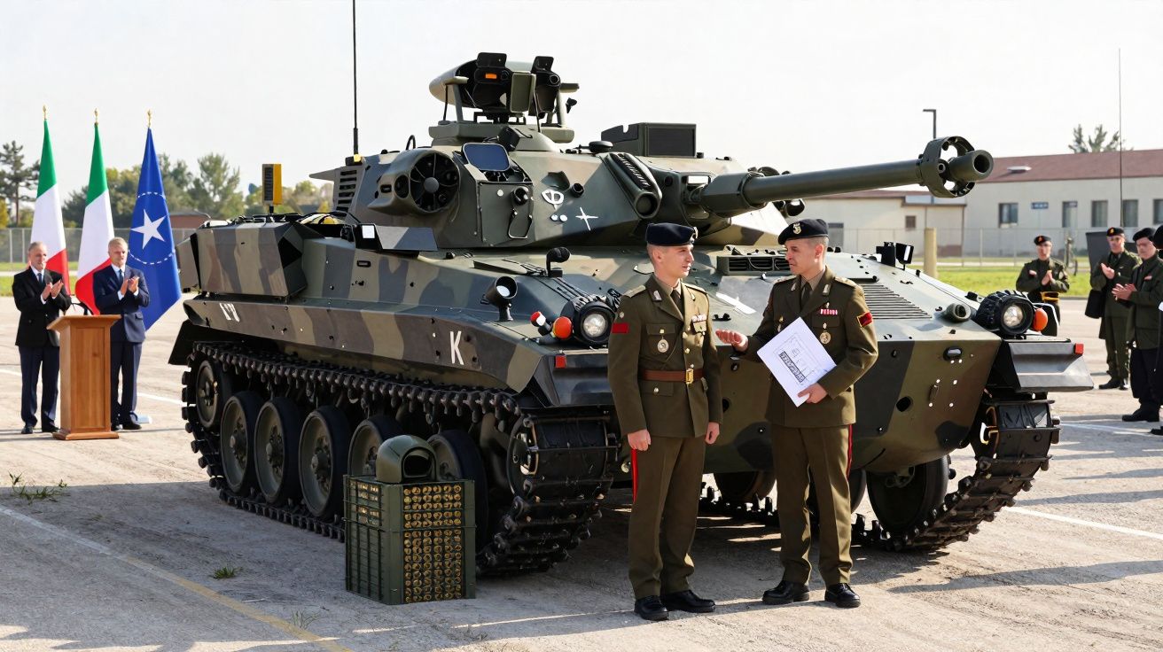 Tanque militar camuflado estacionado com dois soldados à frente e pessoas aplaudindo ao fundo junto a bandeiras.