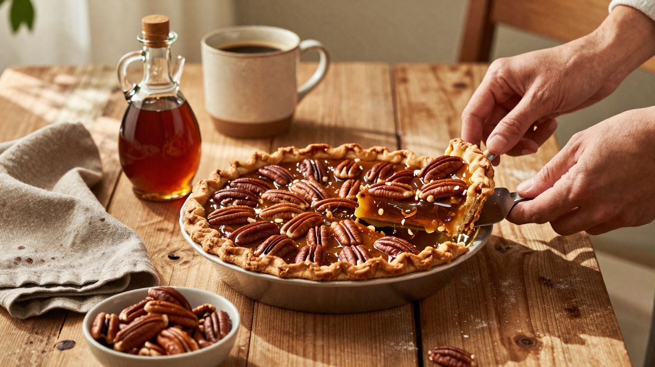 Pessoa a servir fatia de tarte de noz pecan numa mesa de madeira com caneca de café e jarra de xarope.