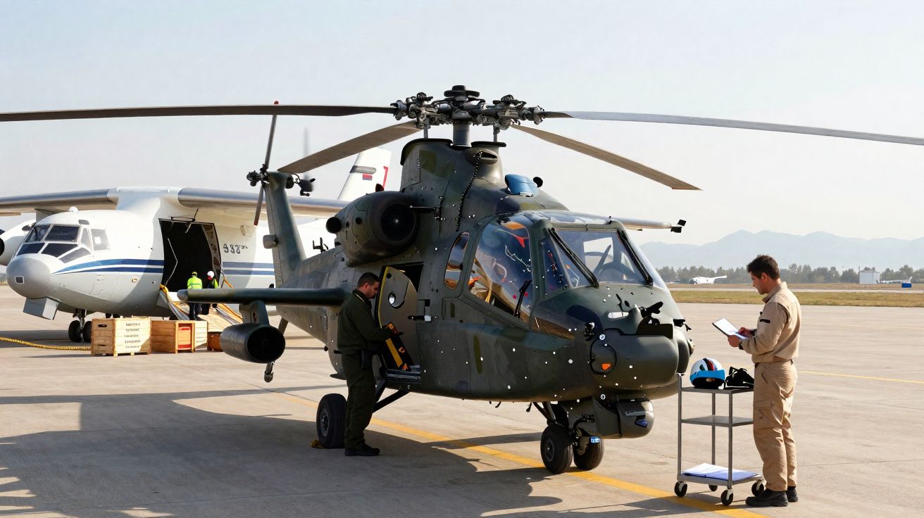 Helicóptero militar estacionado com rapaz a verificar equipamento e avião branco ao fundo num aeroporto.