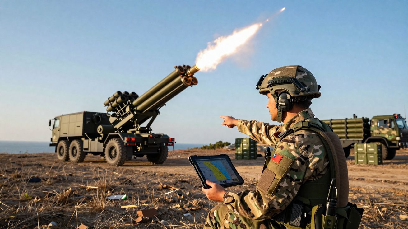 Soldado em uniforme camuflado com tablet controla lançamento de míssil a partir de veículo militar numa zona costeira.