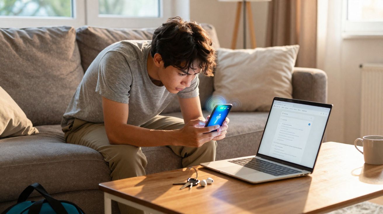 Jovem sentado no sofá a usar telemóvel com computador portátil aberto em mesa de centro.