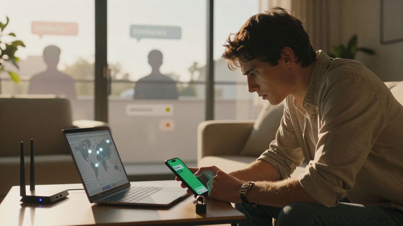 Homem sentado no sofá a usar telemóvel, com portátil e router numa mesa à frente, ambiente de trabalho em casa.