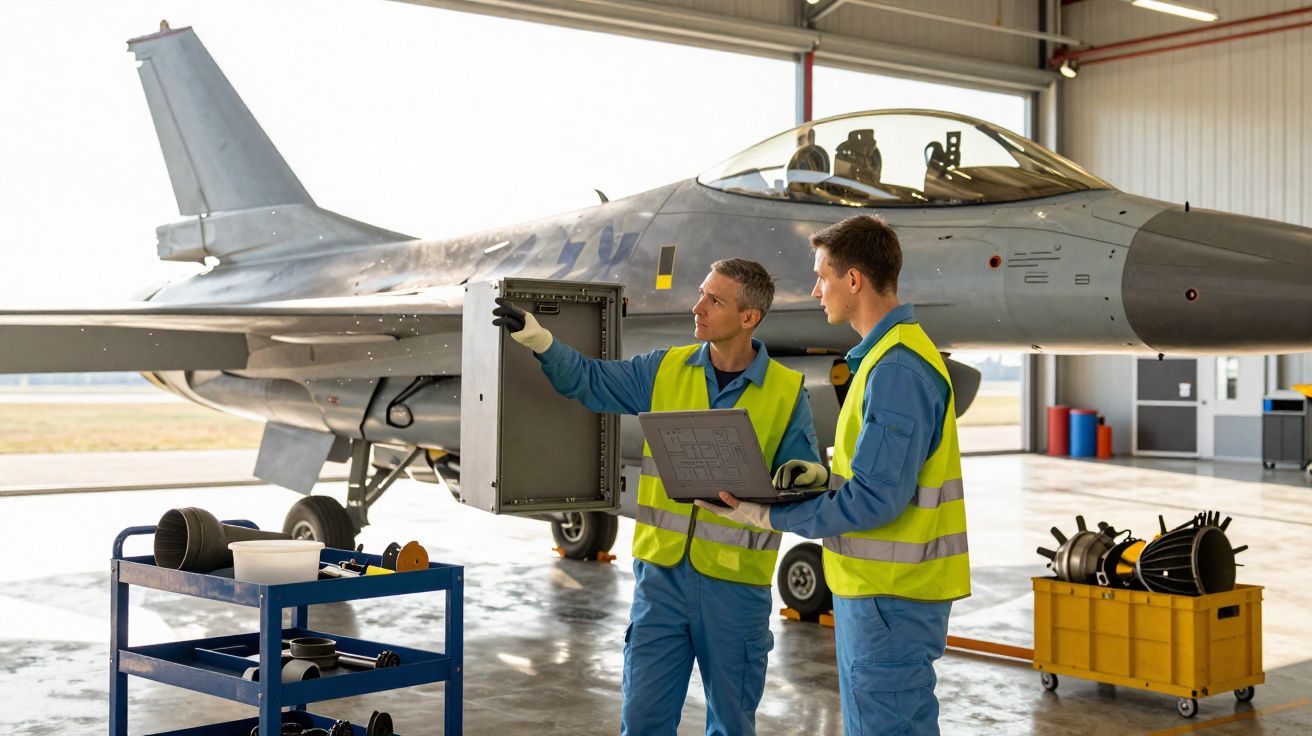 Dois técnicos em coletes refletivos reparando e inspecionando um avião militar num hangar.