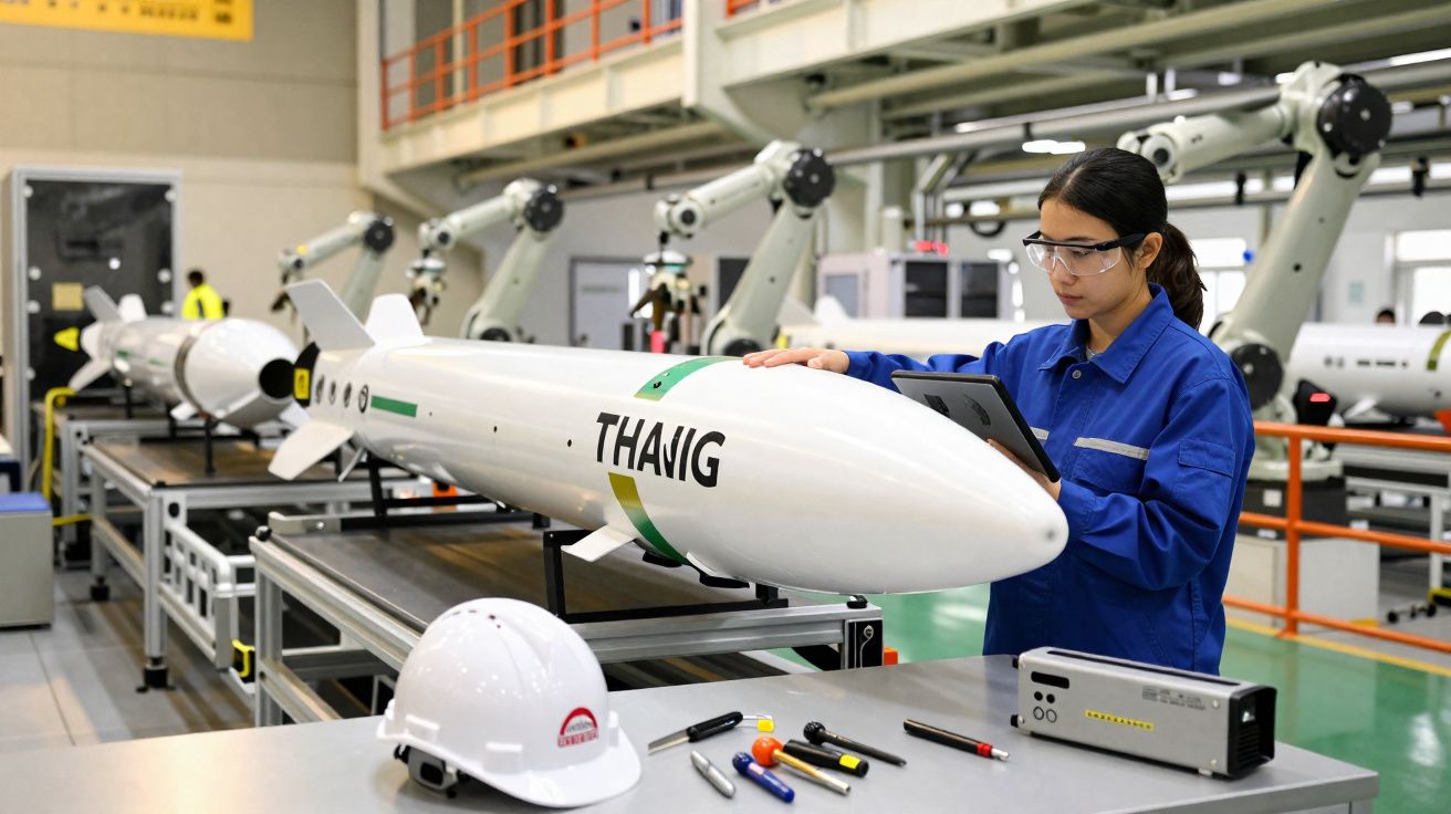Mulher com óculos de proteção trabalha em dispositivo aéreo não tripulado numa fábrica moderna.
