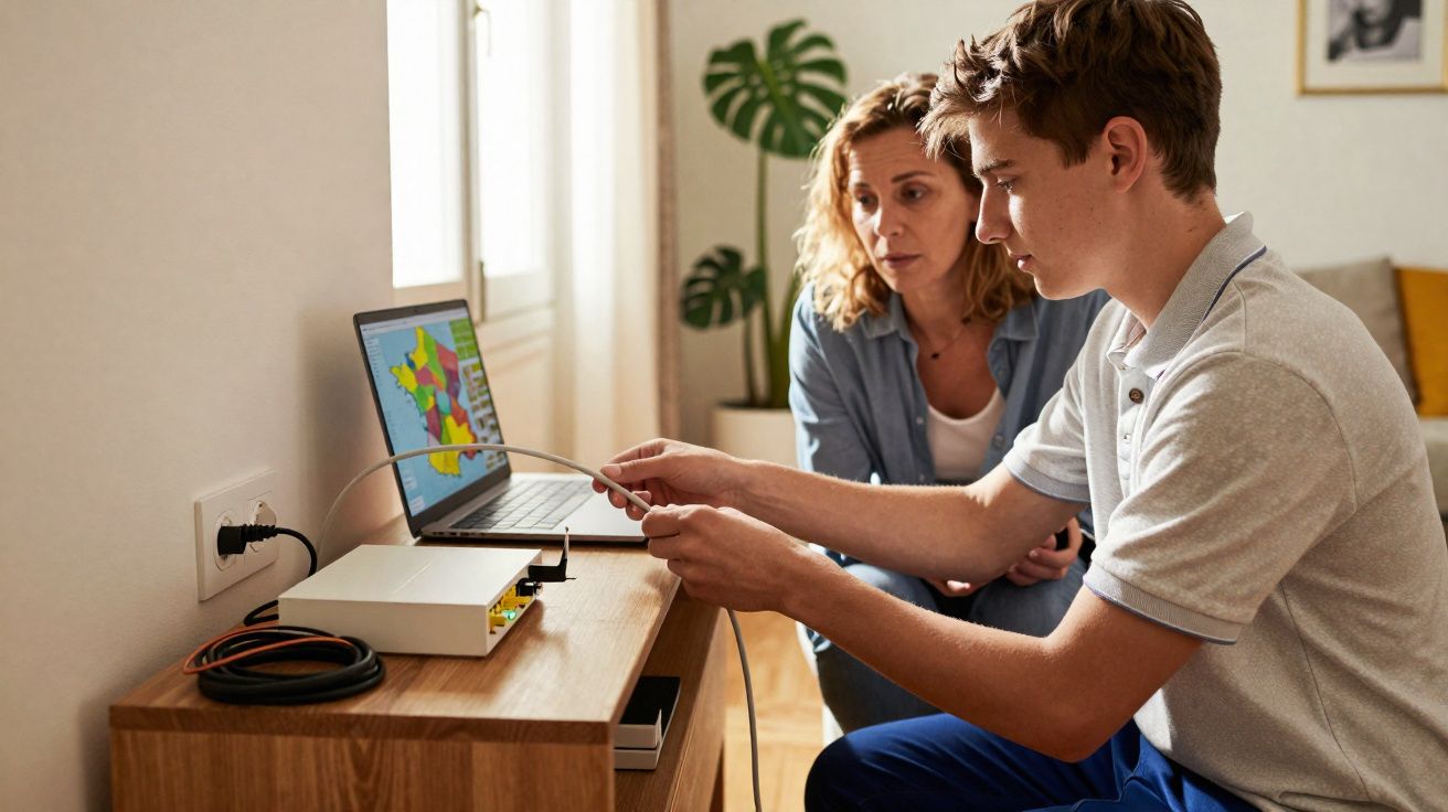 Rapaz a instalar cabo num router com uma mulher a observar numa sala clara.