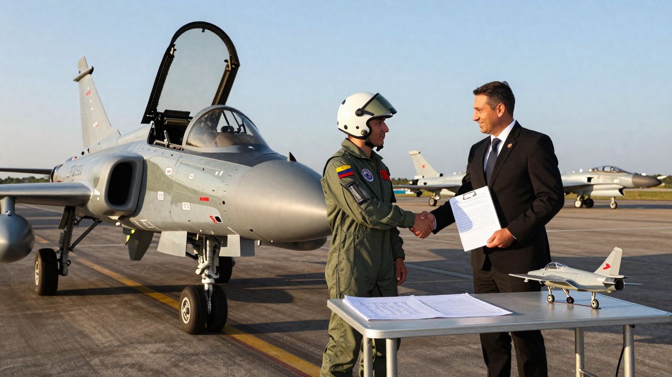 Militar em fato de voo e homem de fato formal apertam as mãos junto a caça na pista e mesa com documentos e miniatura de aviã